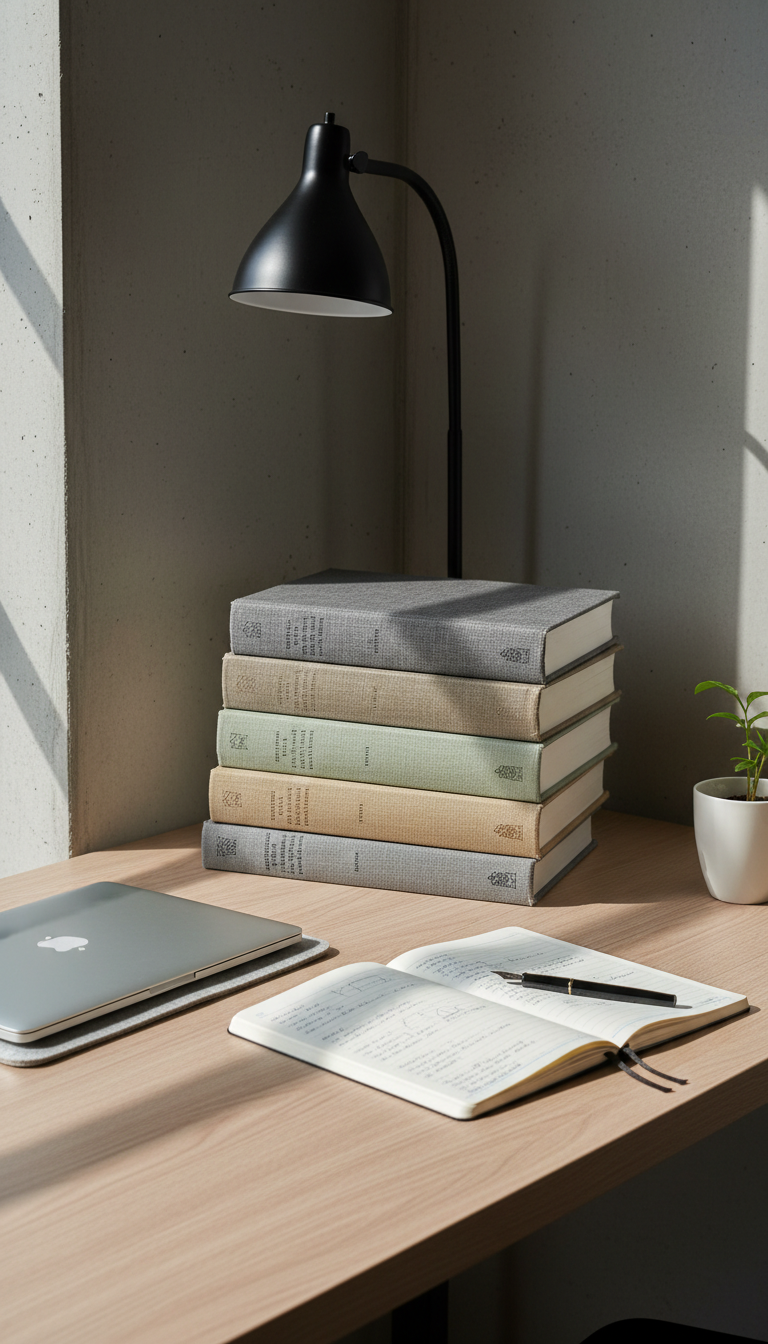 A meticulously arranged study desk featuring a stack of hardcover textbooks with textured linen covers in muted earthy grays and khakis, a closed silver laptop with a brushed metallic surface, and a lined ivory notebook open to clean, handwritten notes. The desk sits in a structured, spacious corner of a modern room, with smooth concrete walls and a matte black desk lamp gently arched overhead. Diffused natural daylight seeps in from a large, unseen window, creating crisp, defined shadows and highlighting the desk’s clean lines. The mood is focused and professional, with an atmosphere of calm productivity. The camera is positioned at an eye-level angle for a direct, clear view, using balanced composition and sharp focus throughout. The overall feel is authentically academic, with a minimalist, photographic realism suited to a polished student portfolio site.