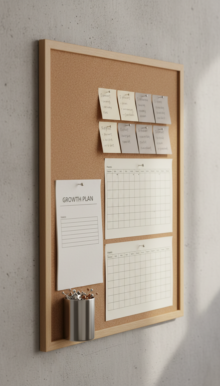 A close-up of a neatly organized cork bulletin board set against a subtly textured, neutral concrete wall. The board is adorned with color-coded sticky notes in soft beige and cool taupe, meticulously pinned schedules, and a tidily printed project outline on recycled white paper. A polished steel pushpin holder rests at the board's base. The scene is illuminated by soft overcast daylight from the right, casting gentle, natural shadows and adding clarity to every element. The atmosphere is orderly and thoughtful, reflecting a professional and disciplined mindset. Shot from a slight side angle, the composition follows the rule of thirds, emphasizing structured planning and methodical organization. The style is clean, corporate, and photographic, directly supporting the theme of academic communication and personal growth.