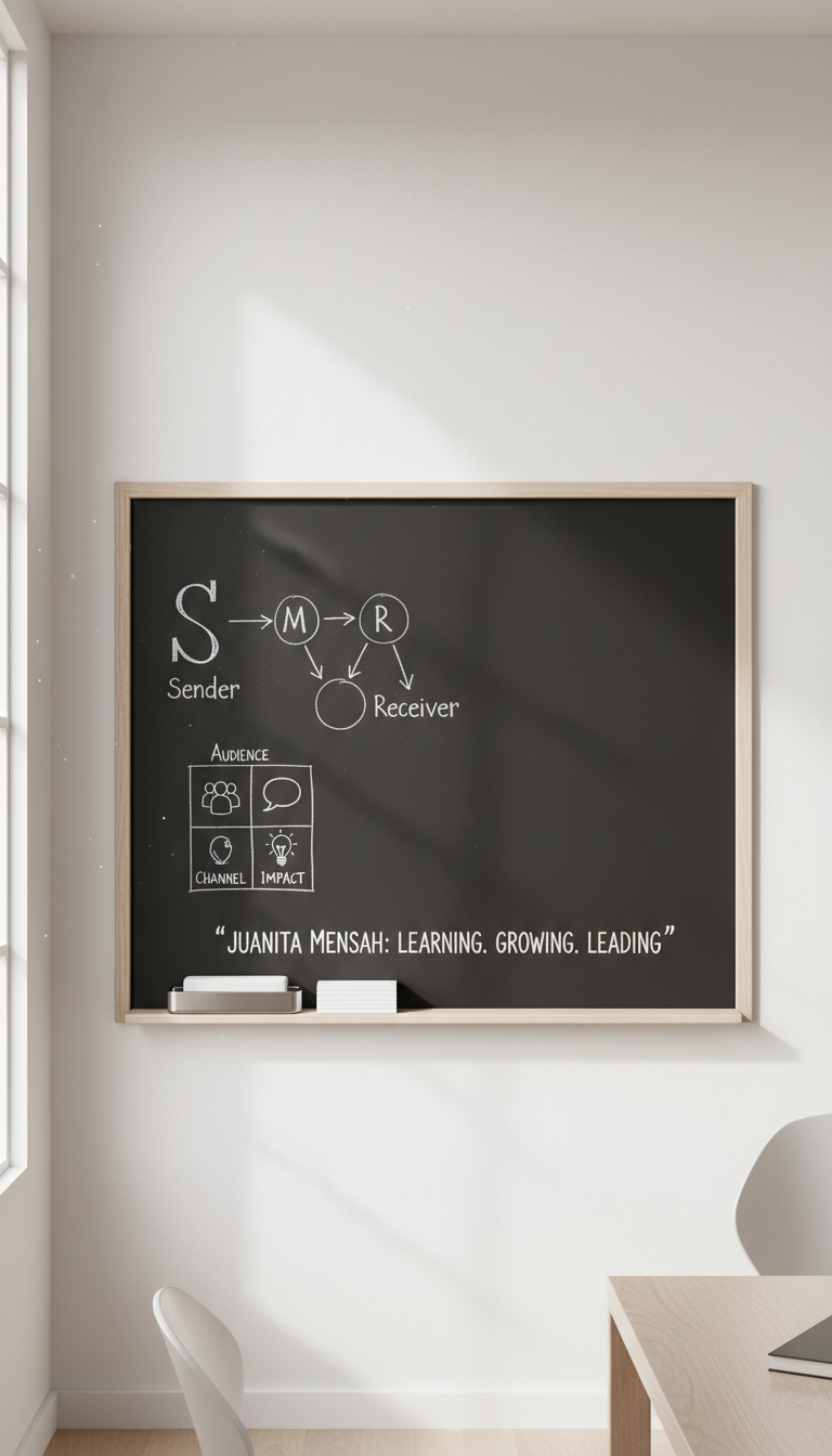 A sleek, contemporary blackboard set against a pristine, eggshell-white wall in a well-lit, orderly study environment. The blackboard is elegantly inscribed with neatly handwritten communication strategy diagrams in crisp white chalk lines, accompanied by minimalist diagrammatic icons. At the base, a stack of clean white index cards and a chic, metallic eraser tray sit positioned with care. Sunlight, diffused through frosted glass, spills softly across the scene, eliminating harsh shadows and creating an even, calm lighting effect. The mood is studious yet approachable, supporting efficient academic exploration. The composition is centered and balanced, with clear edges and defined boundaries, conforming to a photographic, modern corporate aesthetic that underscores Juanita Mensah’s commitment to professionalism in her learning journey.